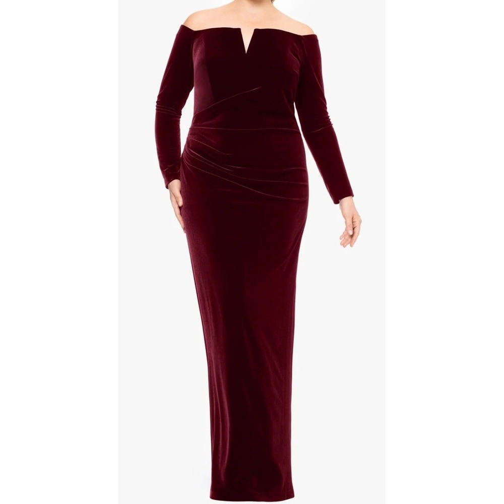 X by Xscape Velvet Gown 16 Burgundy Off Shoulder Ruched Evening Dress XC204 NEW - Picture 10 of 12